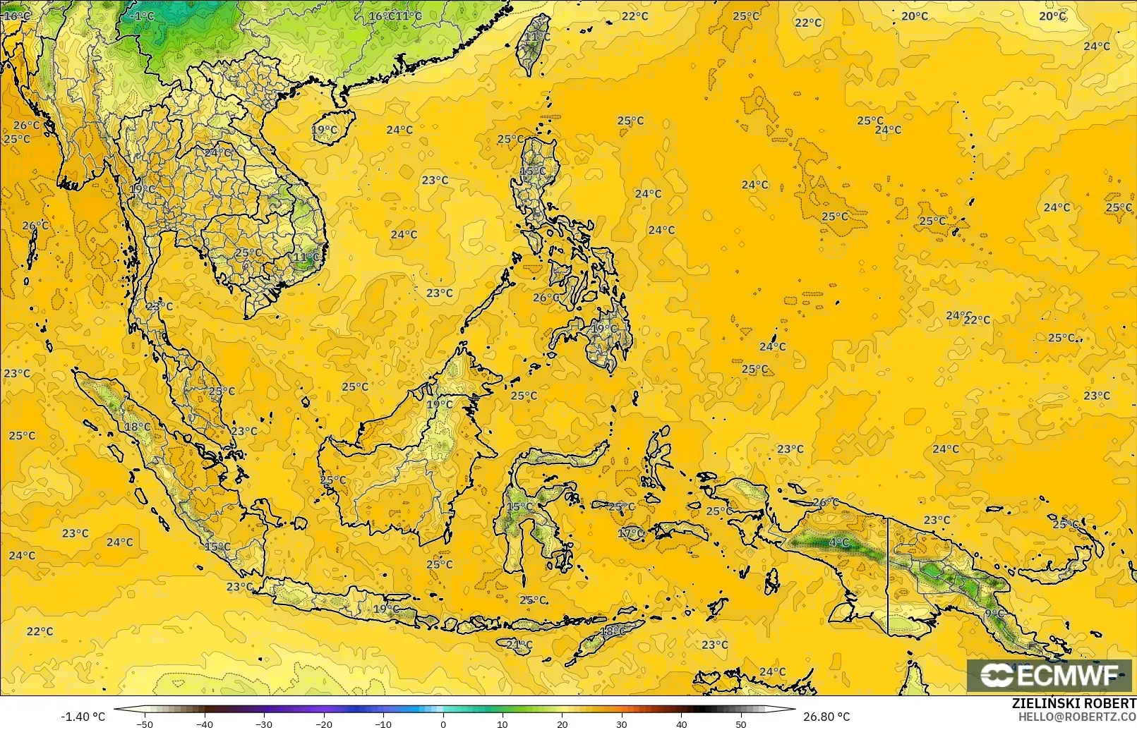 ECMWF IFS 0.25° モデル - 東南アジア, 露点温度（2m）