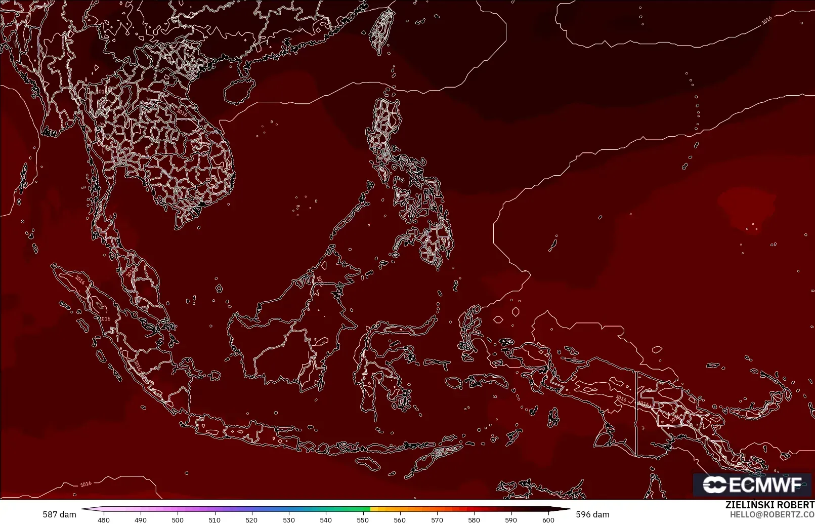 ECMWF IFS 0.25° モデル - 東南アジア, 500hPaのジオポテンシャル高度