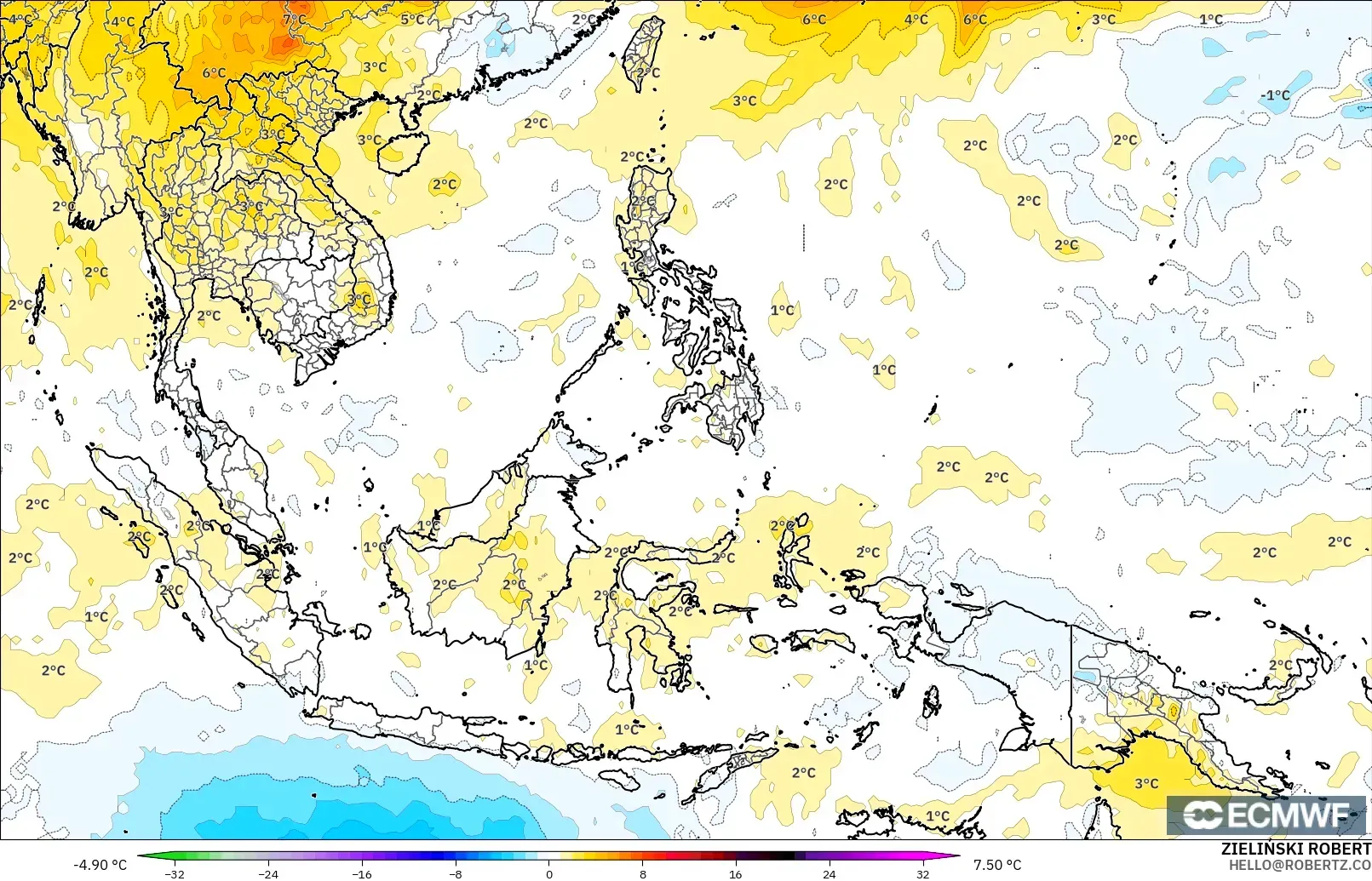 ECMWF IFS 0.25° モデル - 東南アジア, 気温異常（850hPa）