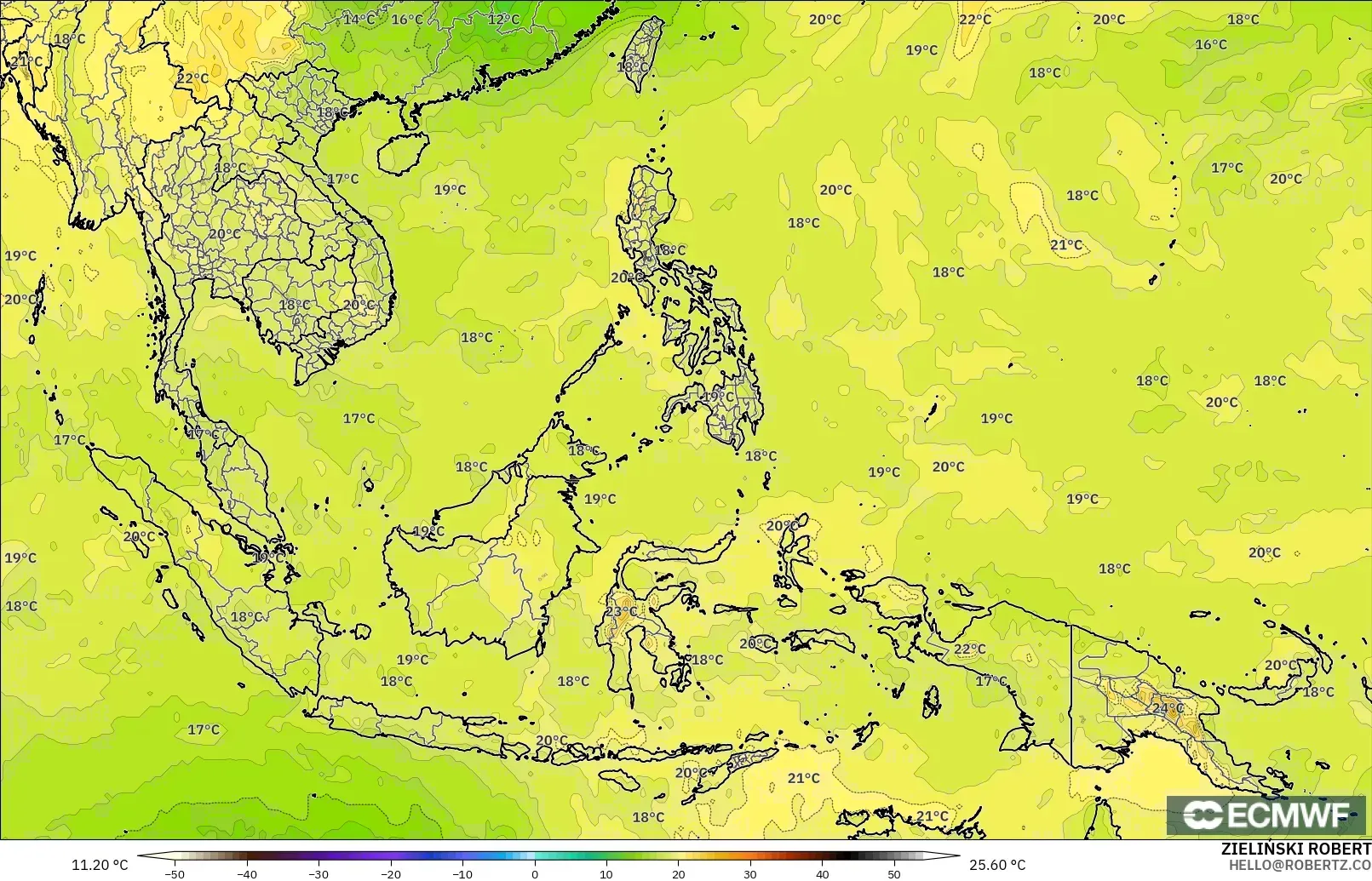 ECMWF IFS 0.25° モデル - 東南アジア, 気温（850hPa）