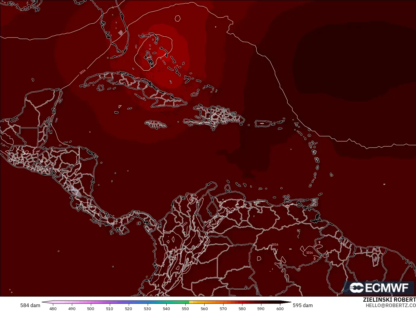 ECMWF IFS 0.25° モデル - カリブ海, 500hPaのジオポテンシャル高度