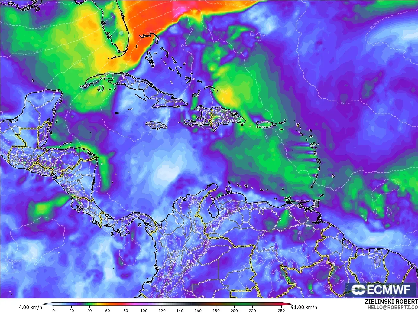 ECMWF IFS 0.25° モデル - カリブ海, 突風