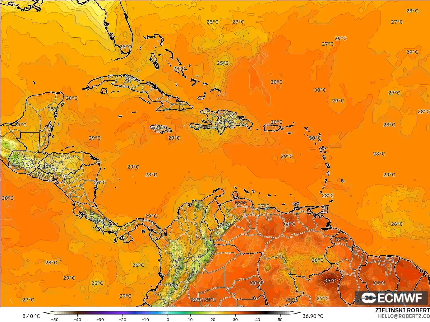 ECMWF IFS 0.25° モデル - カリブ海, 気温（2m）