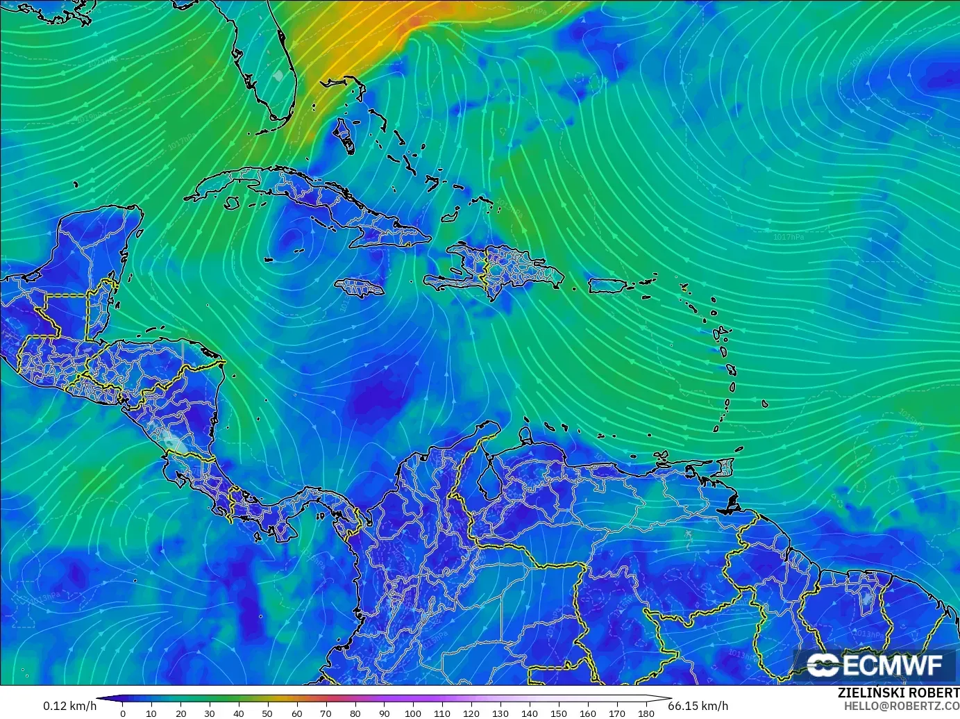 ECMWF IFS 0.25° モデル - カリブ海, 風速（10m）