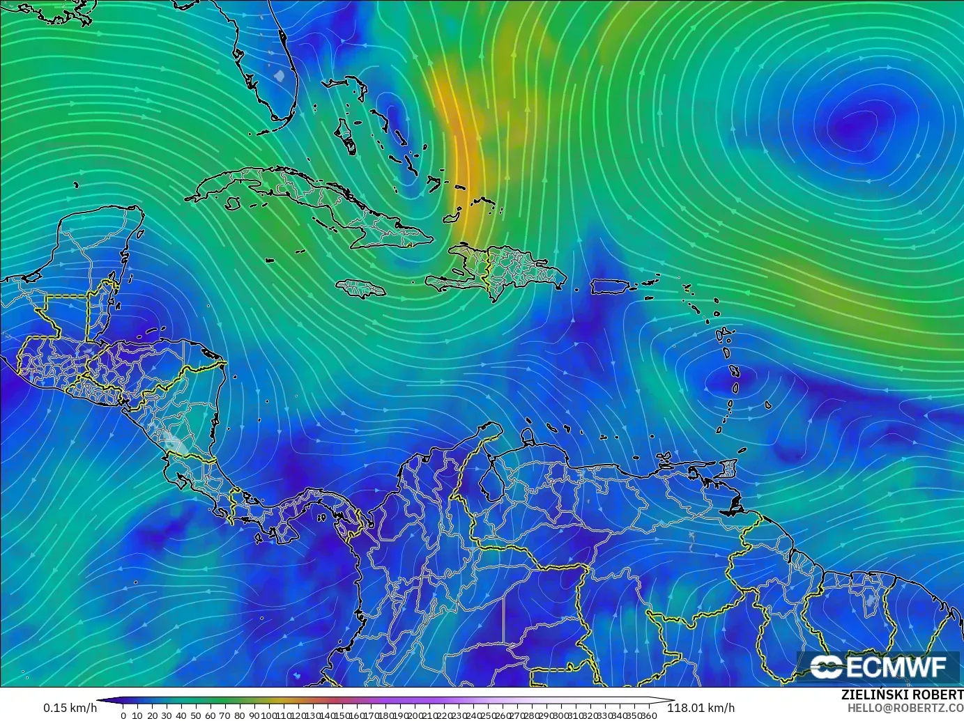 ECMWF IFS 0.25° モデル - カリブ海, 風速（300hPa）