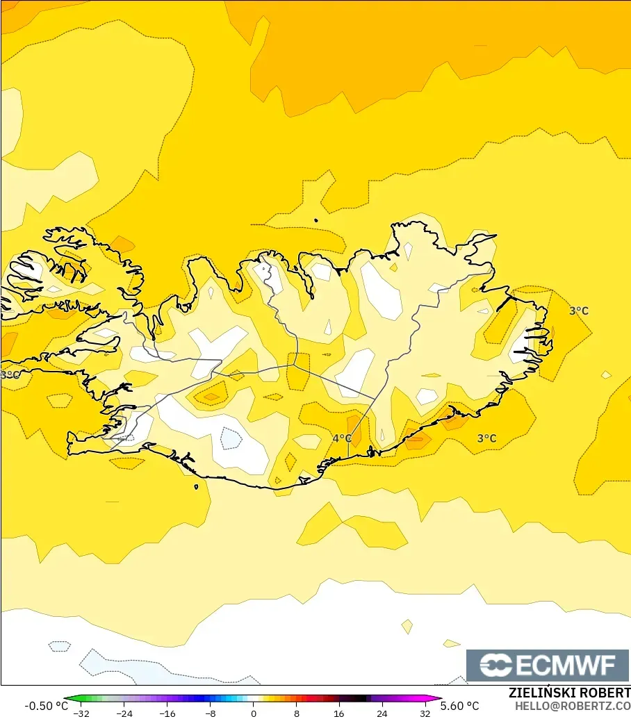 ECMWF IFS 0.25° モデル - アイスランド, 気温異常（2m）