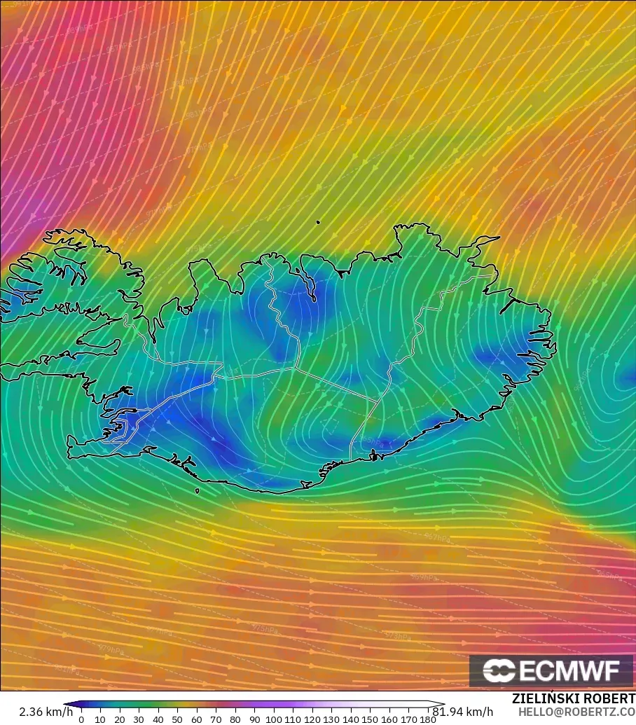 ECMWF IFS 0.25° モデル - アイスランド, 風速（10m）
