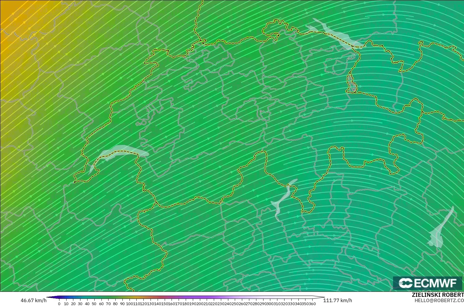 ECMWF IFS 0.25° モデル - スイス, 風速（300hPa）