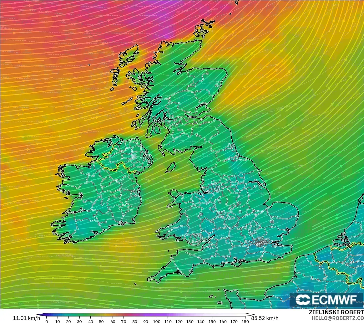 ECMWF IFS 0.25° モデル - イギリス, 風速（10m）