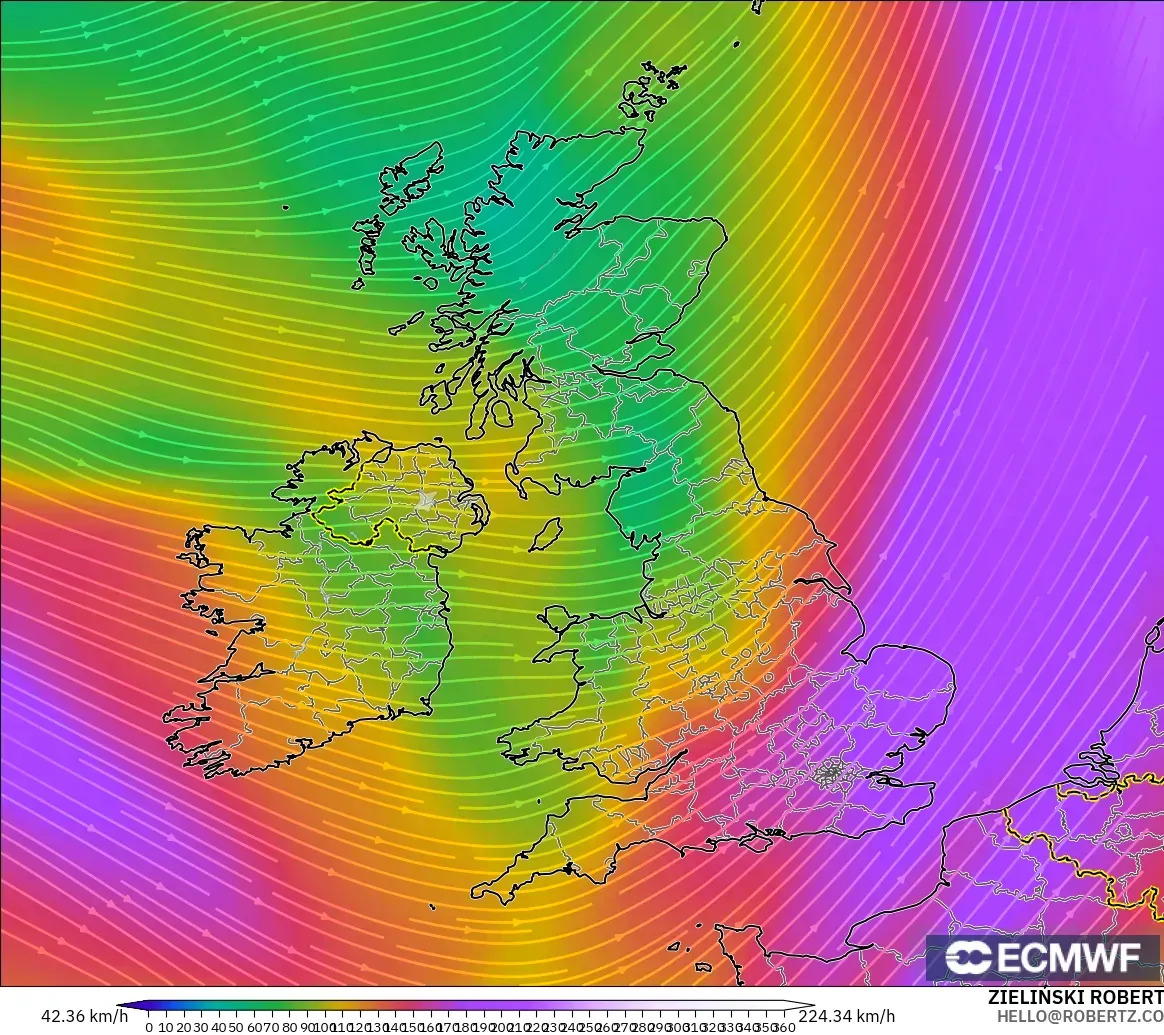 ECMWF IFS 0.25° モデル - イギリス, 風速（300hPa）