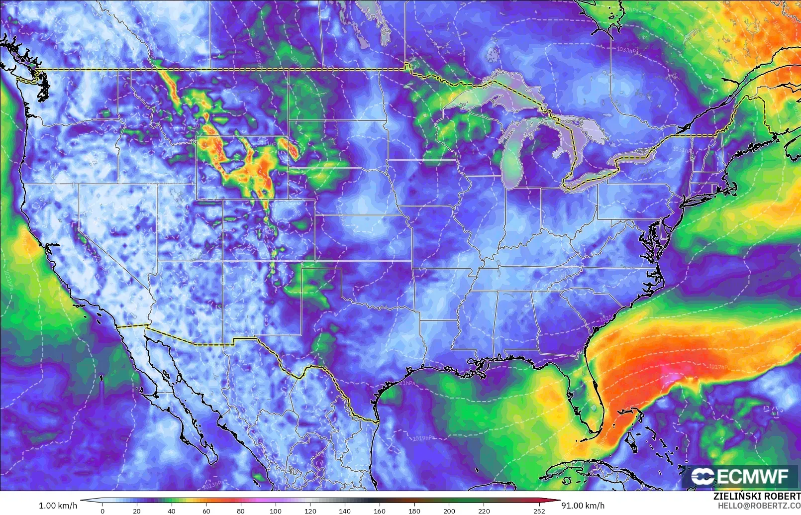 ECMWF IFS 0.25° モデル - アメリカ合衆国, 突風（最大）