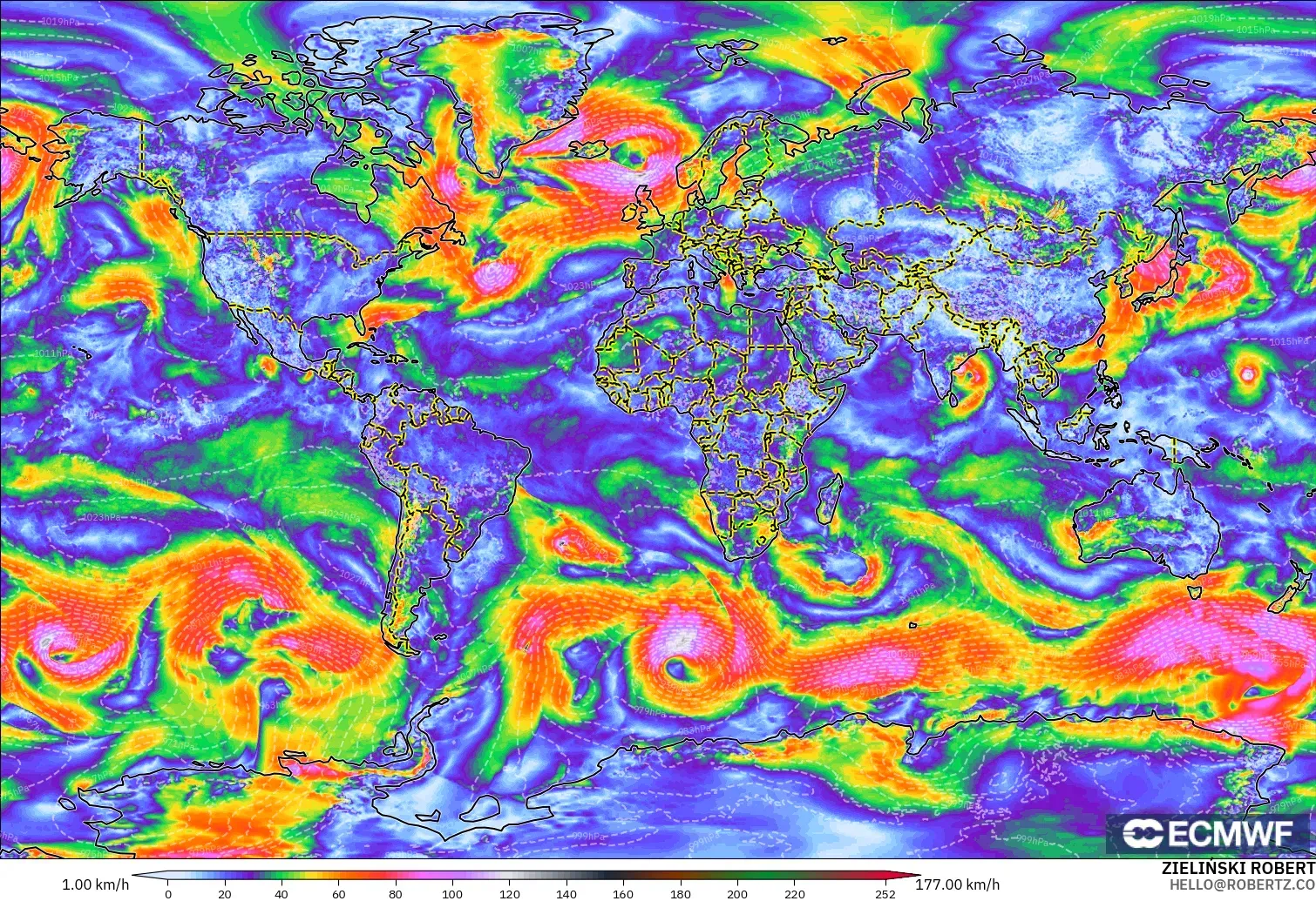ECMWF IFS 0.25° モデル - 世界, 突風（最大）