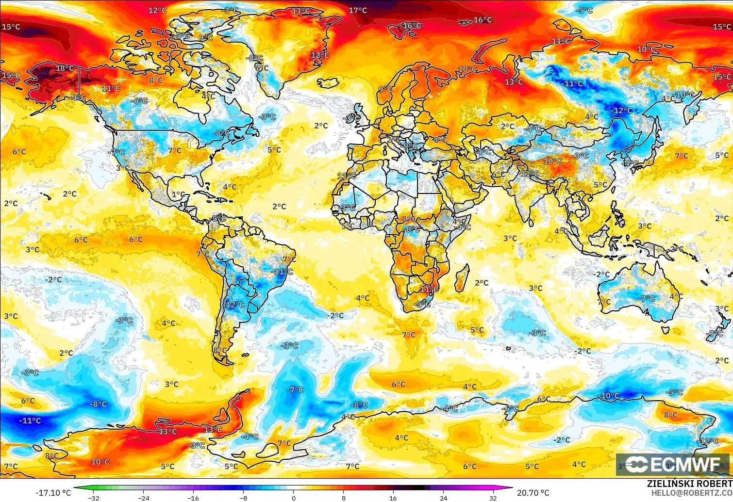 ECMWF IFS 0.25° モデル - 世界, 気温異常（2m）