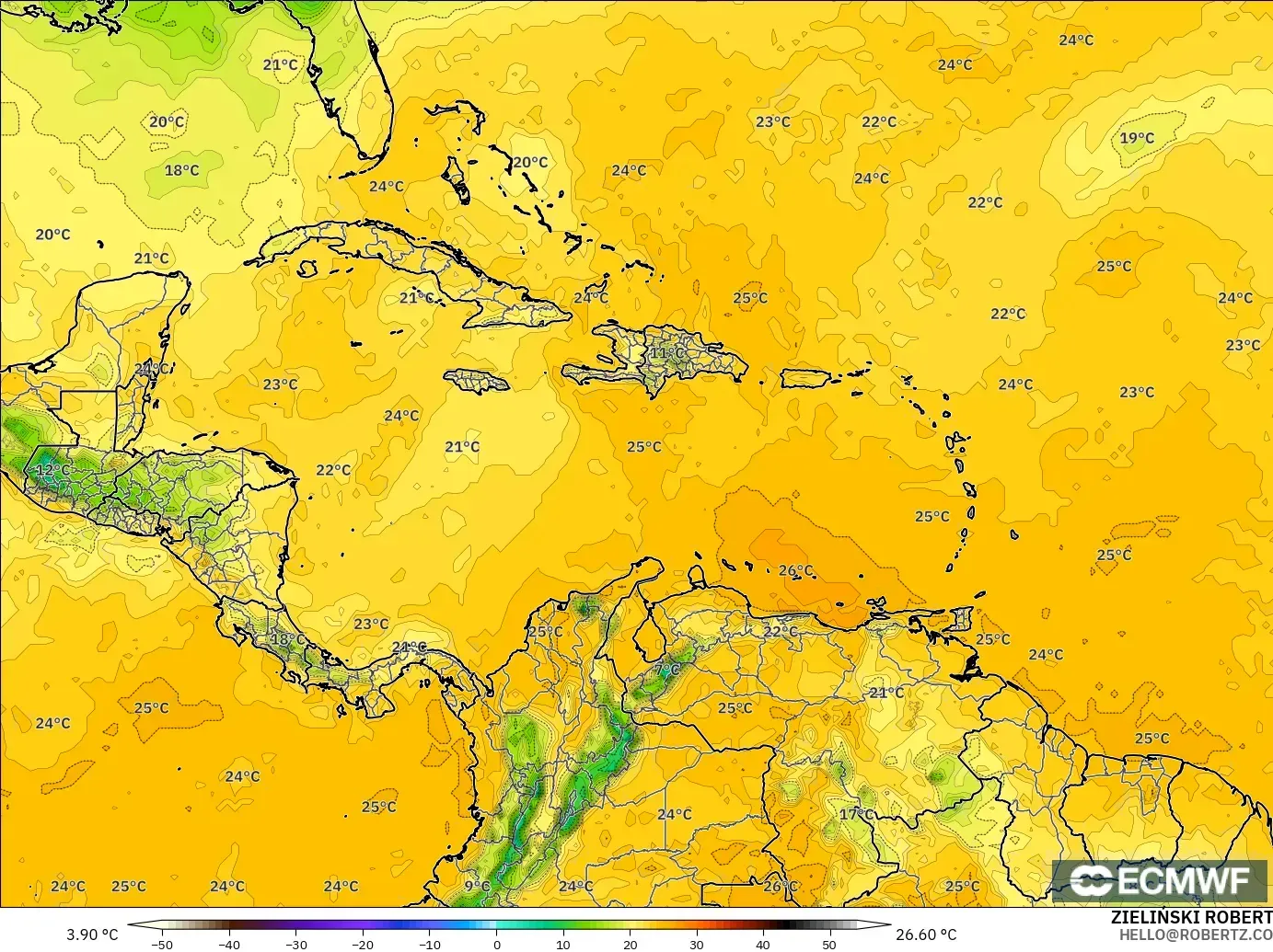 ECMWF IFS 0.25° モデル - カリブ海, 露点温度（2m）