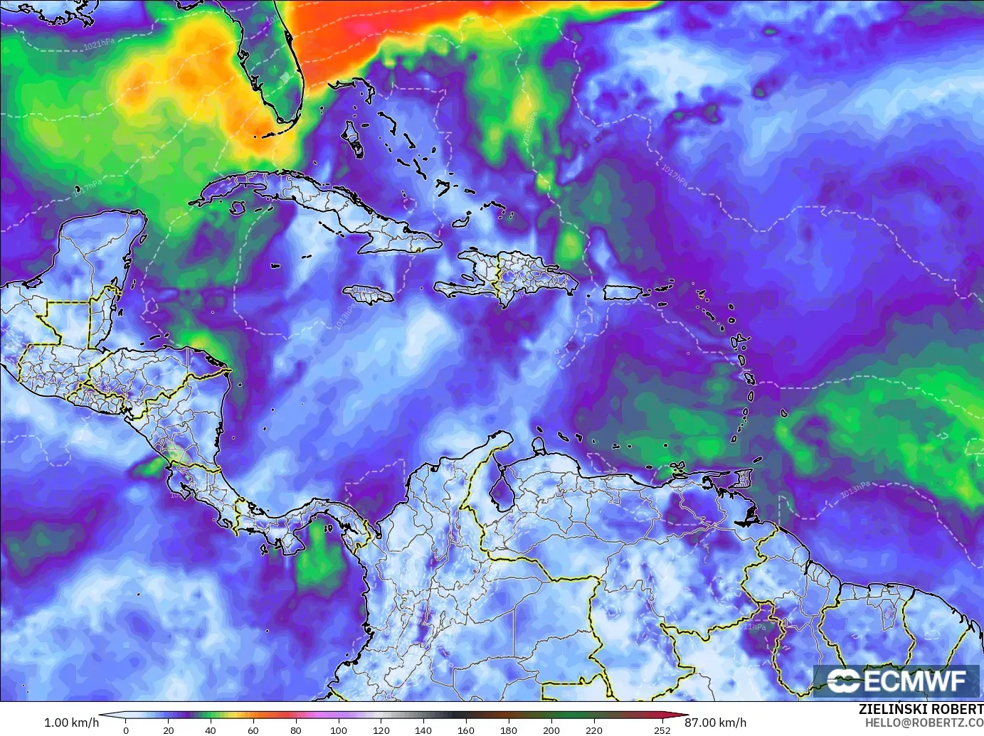 ECMWF IFS 0.25° モデル - カリブ海, 突風（最大）