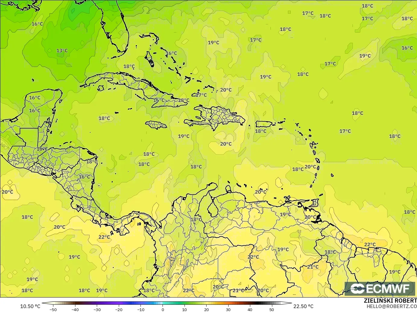 ECMWF IFS 0.25° モデル - カリブ海, 気温（850hPa）