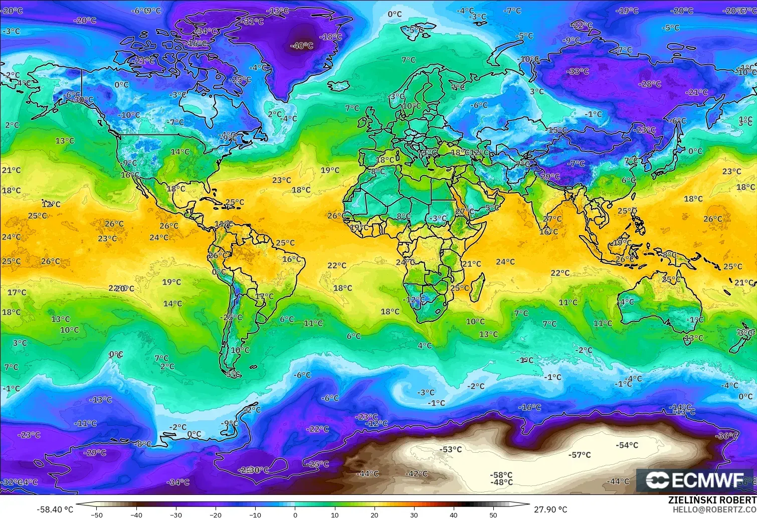 ECMWF IFS 0.25° モデル - 世界, 露点温度（2m）