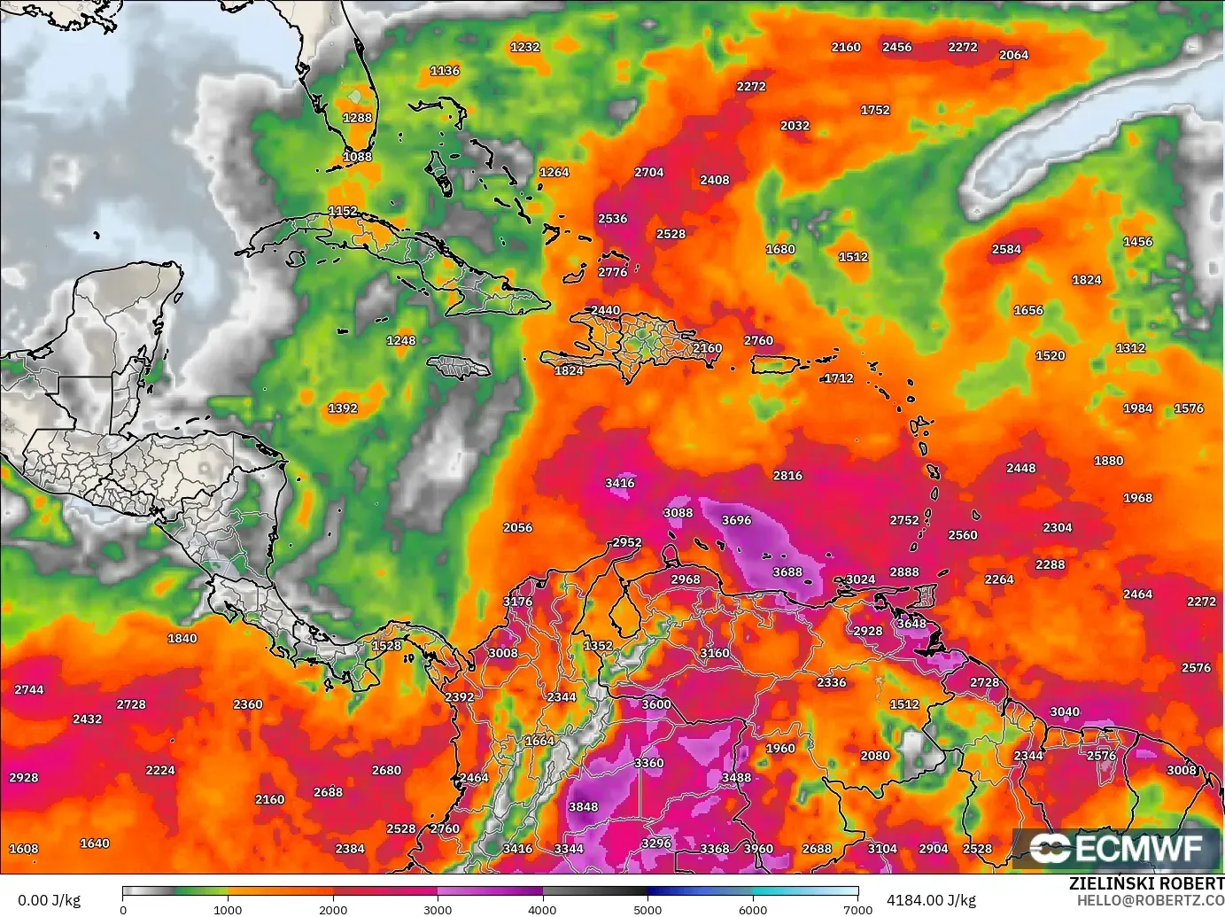 ECMWF IFS 0.25° モデル - カリブ海, CAPE
