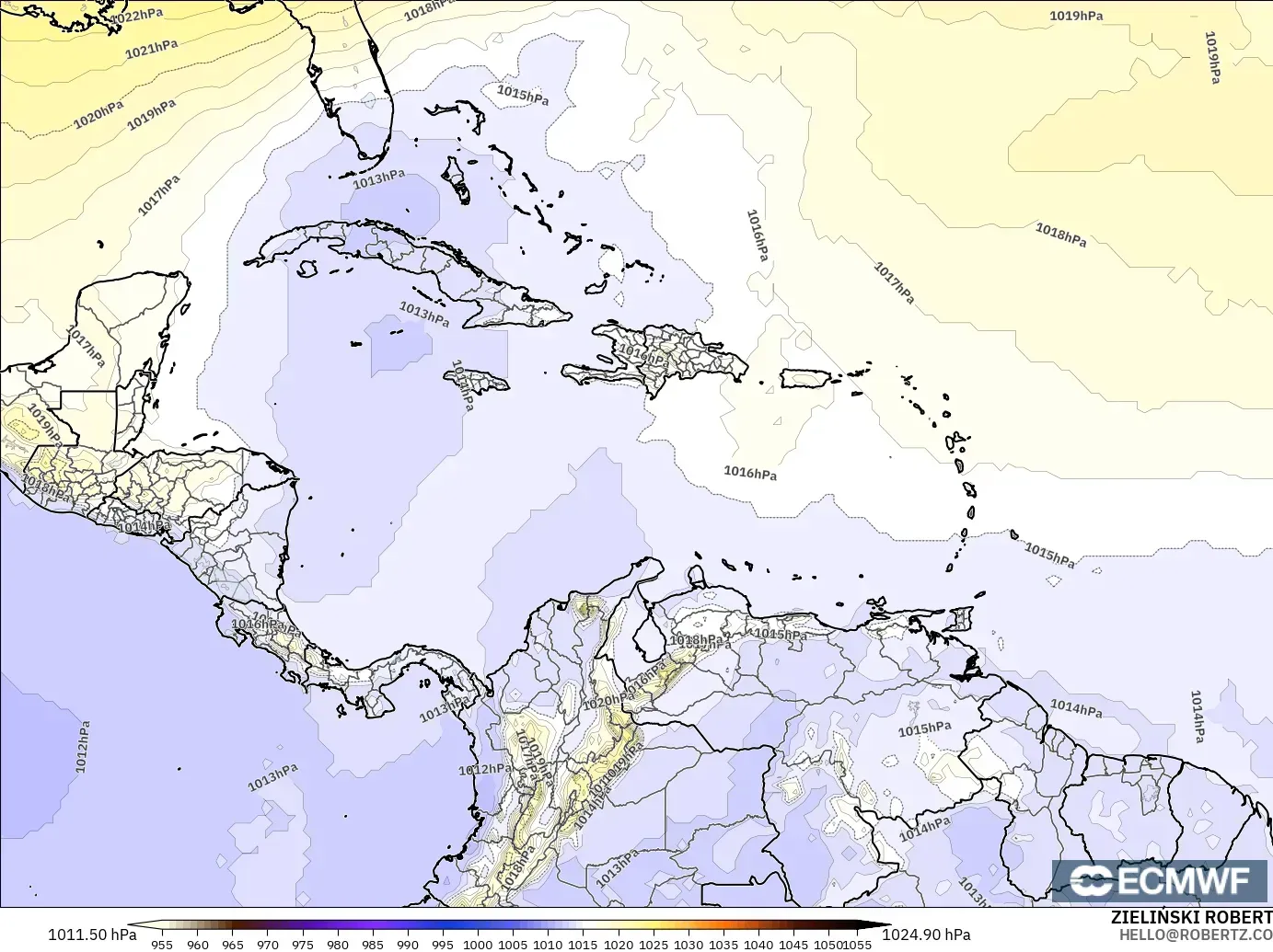 ECMWF IFS 0.25° モデル - カリブ海, 気圧