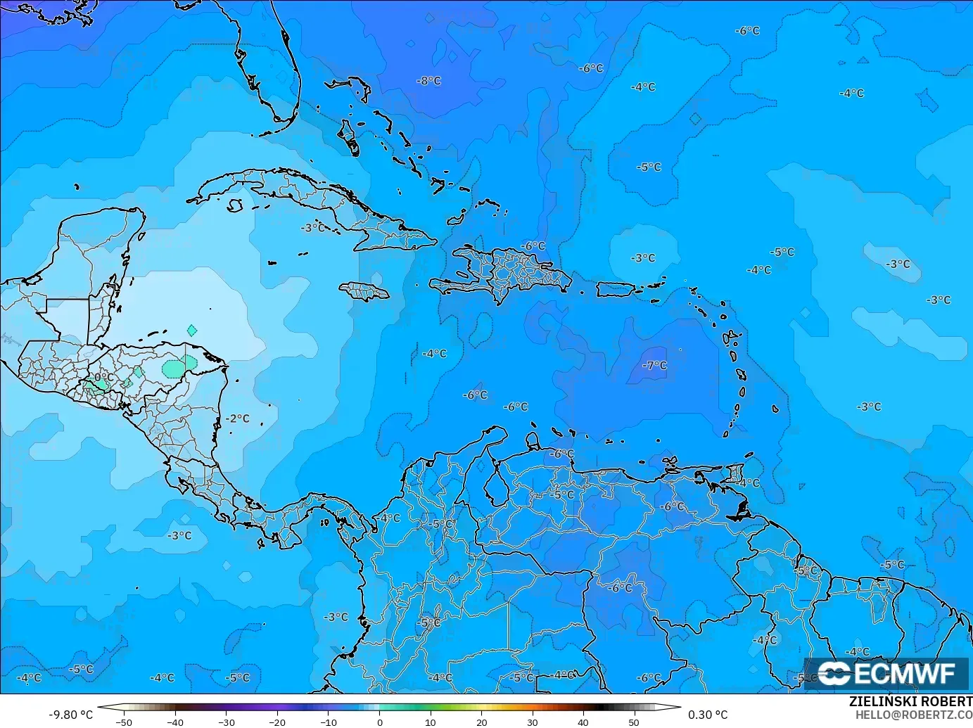 ECMWF IFS 0.25° モデル - カリブ海, 気温（500hPa）