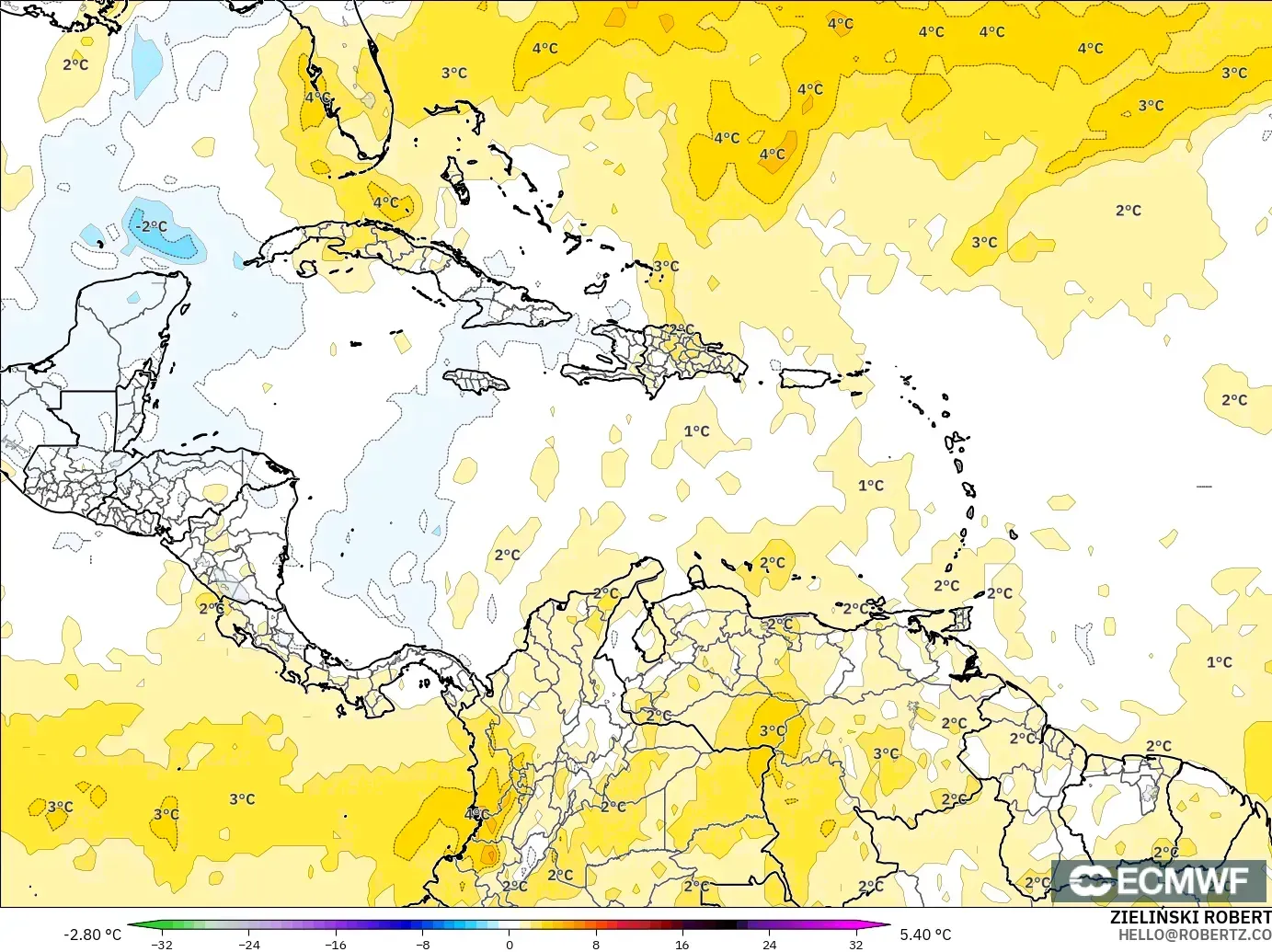 ECMWF IFS 0.25° モデル - カリブ海, 気温異常（850hPa）