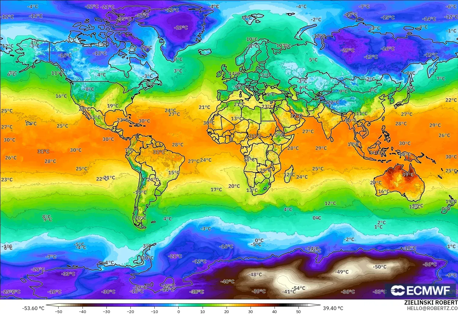 ECMWF IFS 0.25° モデル - 世界, 気温（2m）