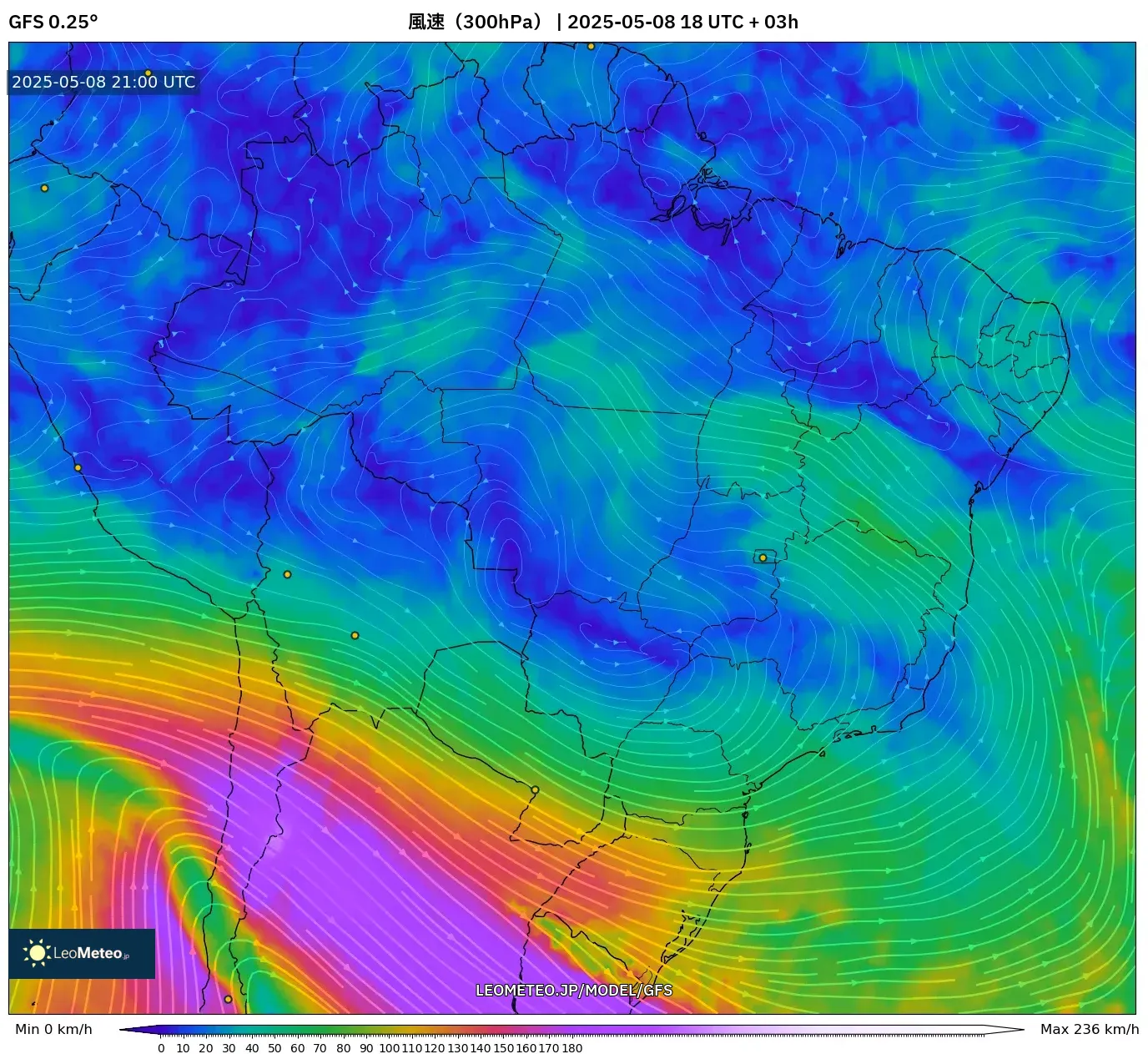 GFS - ブラジル, 風速(300hPa) GFS - ブラジル, 風速(300hPa)