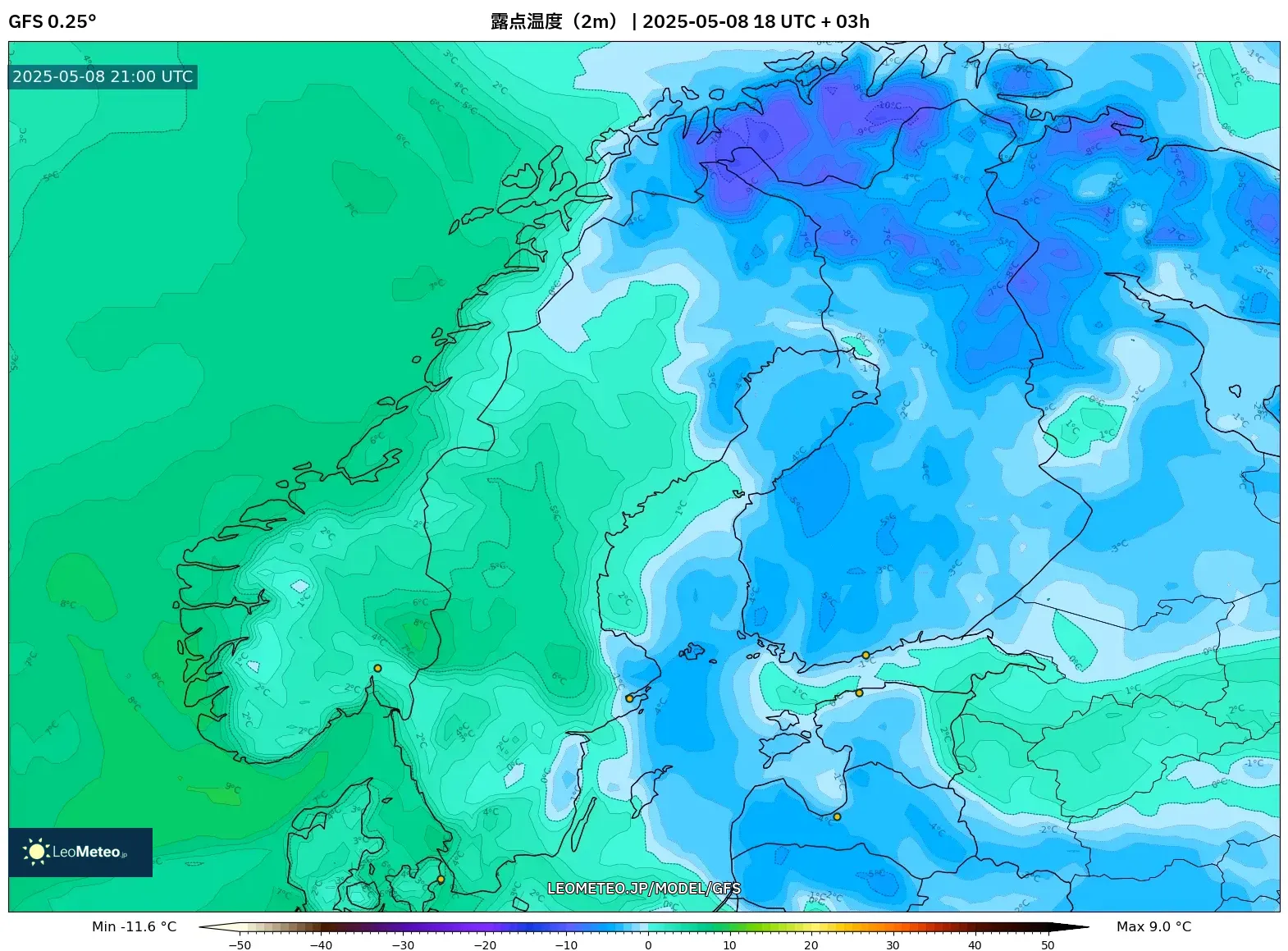 GFS - スカンジナビア, 露点温度(2m) GFS - スカンジナビア, 露点温度(2m)