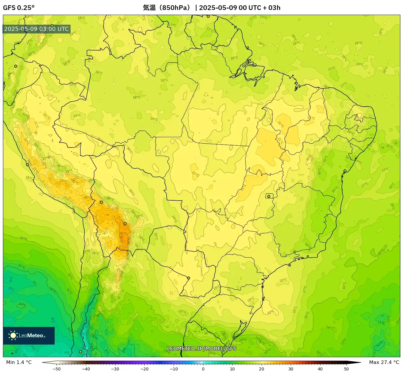 GFS - ブラジル, 気温(850hPa) GFS - ブラジル, 気温(850hPa)