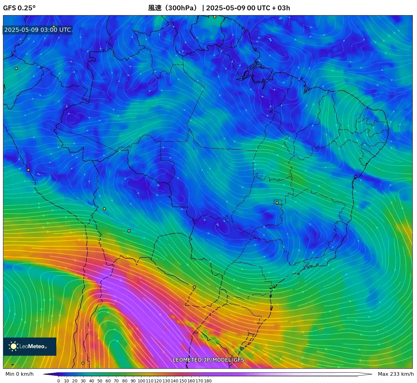 GFS - ブラジル, 風速(300hPa) GFS - ブラジル, 風速(300hPa)