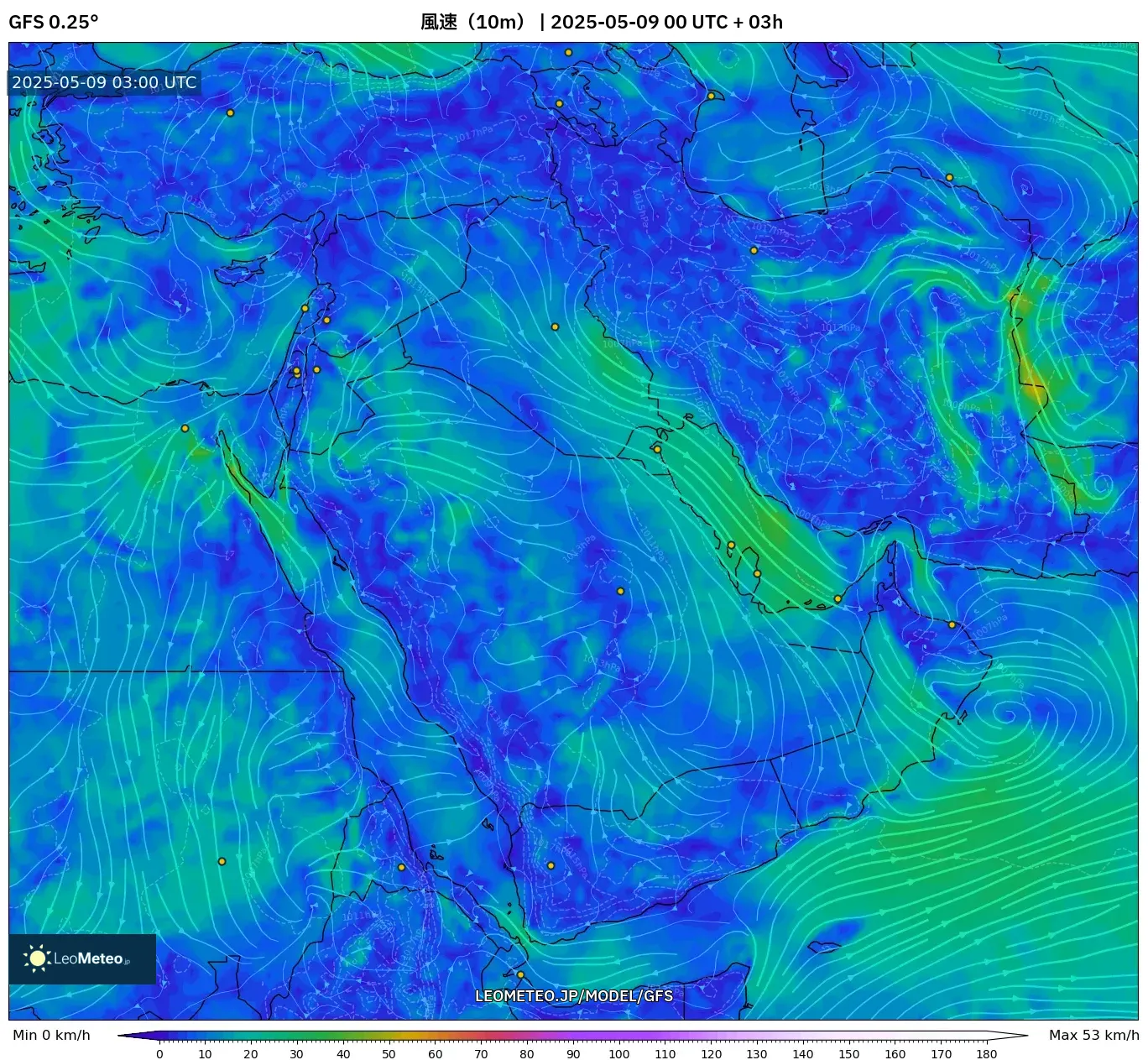 GFS - 中東, 風速(10m) GFS - 中東, 風速(10m)