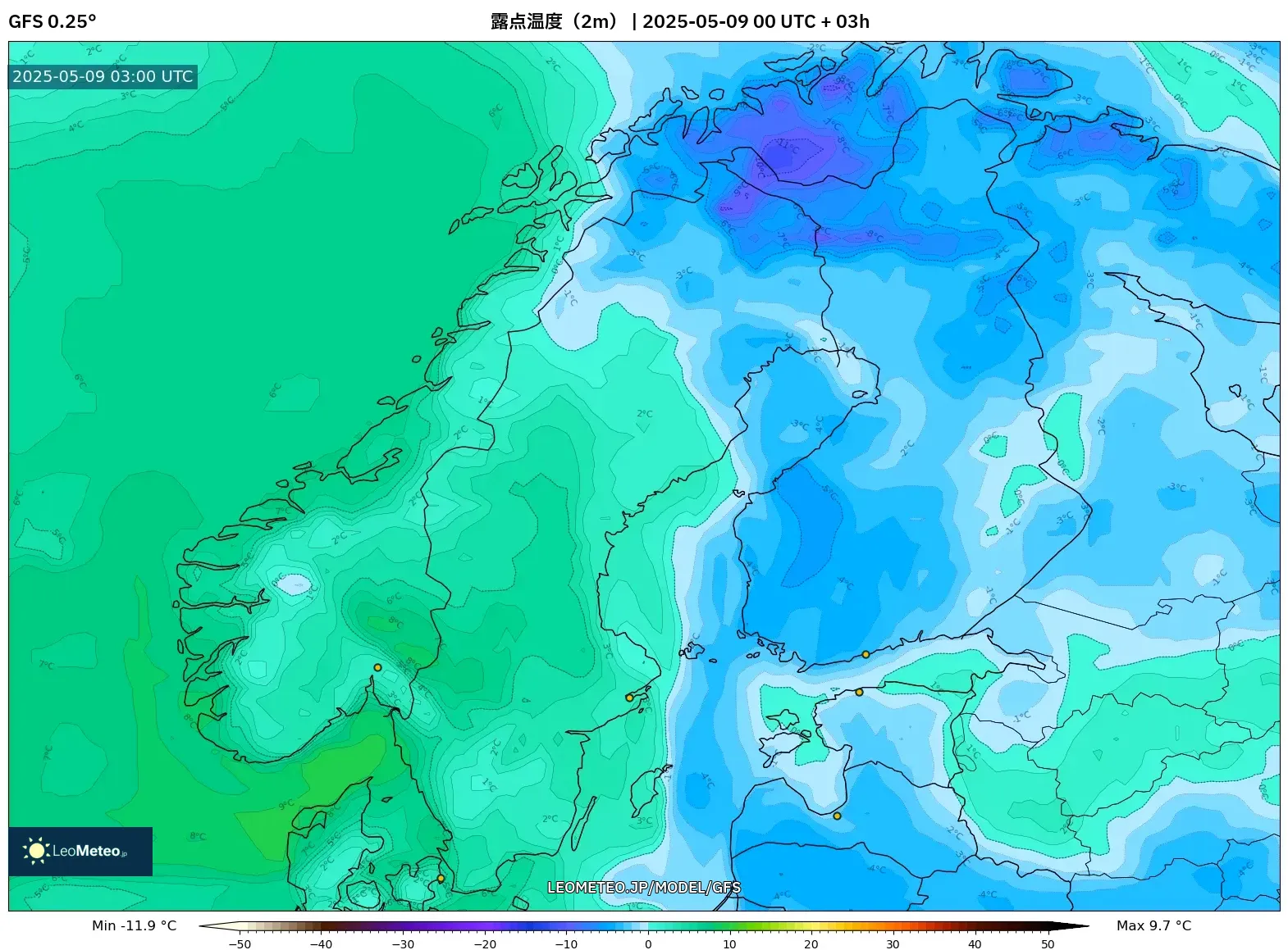 GFS - スカンジナビア, 露点温度(2m) GFS - スカンジナビア, 露点温度(2m)