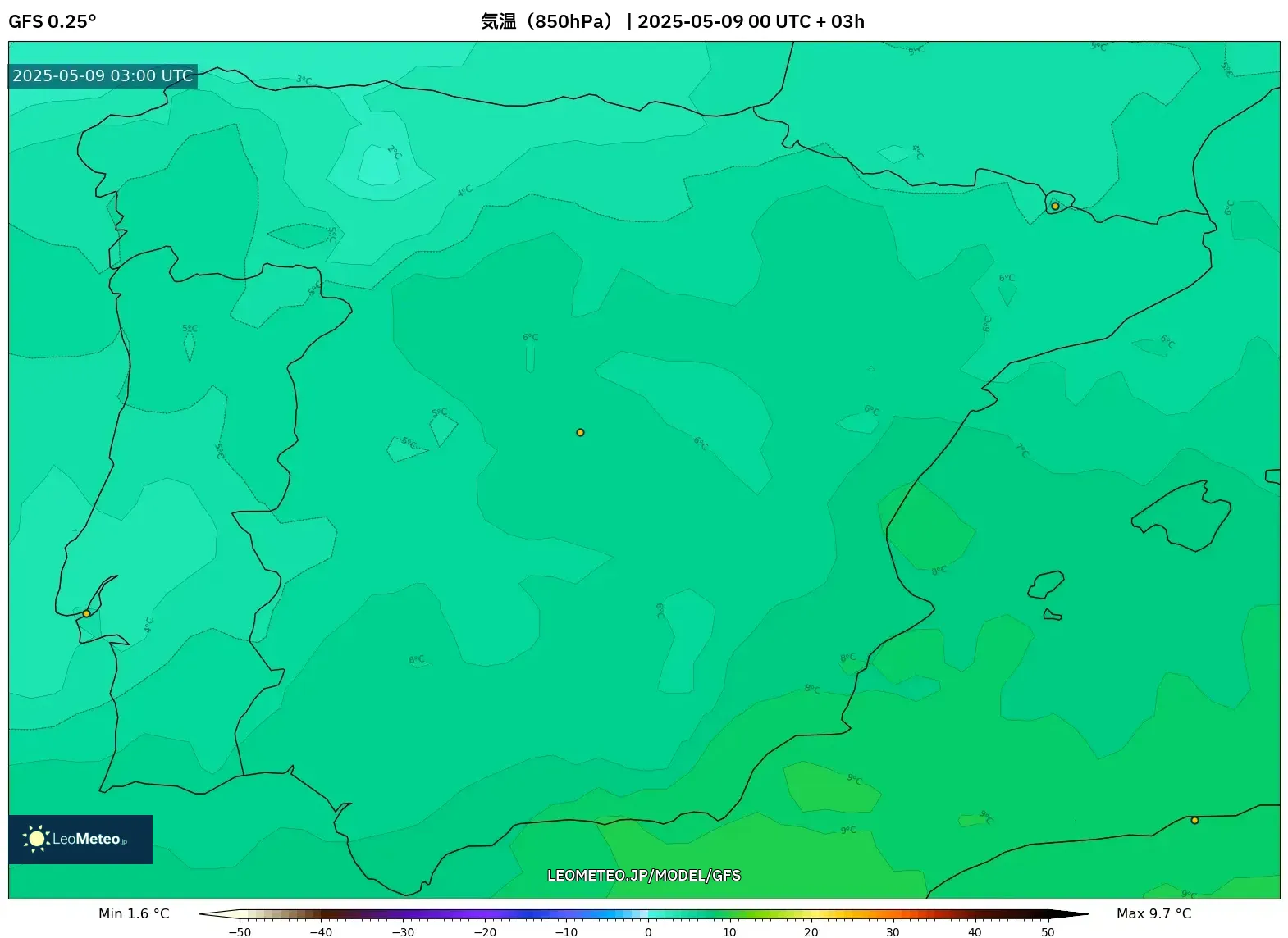 GFS - スペイン, 気温(850hPa) GFS - スペイン, 気温(850hPa)
