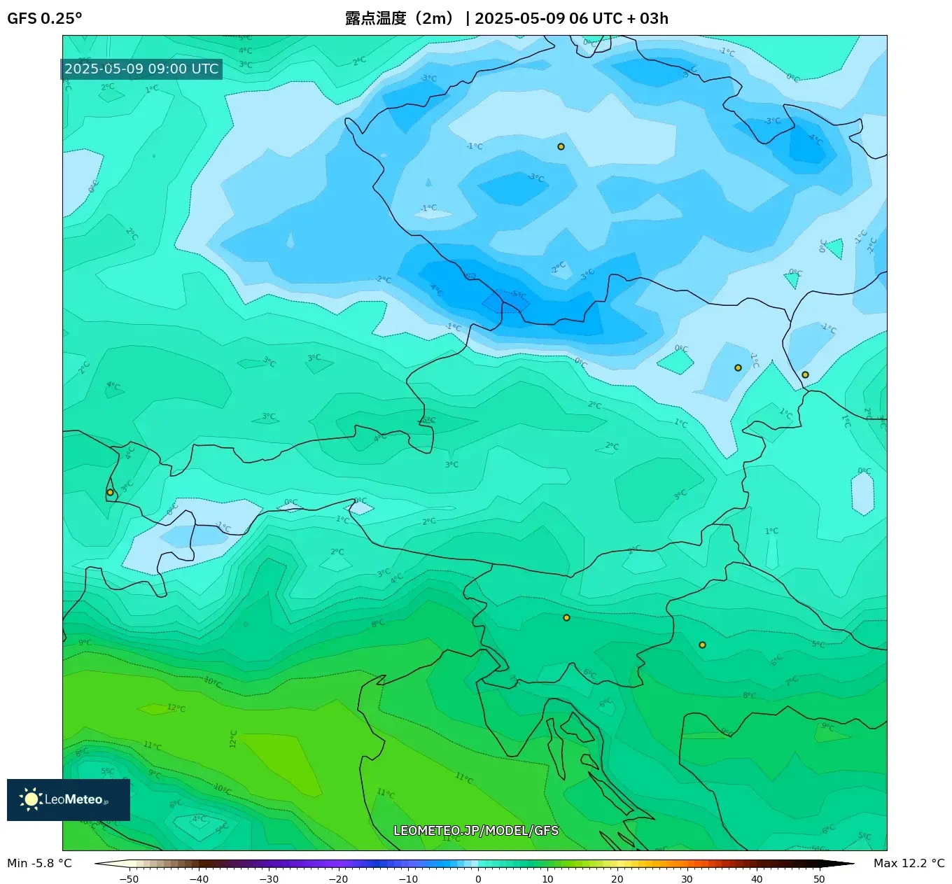 GFS - オーストリア, 露点温度(2m) GFS - オーストリア, 露点温度(2m)