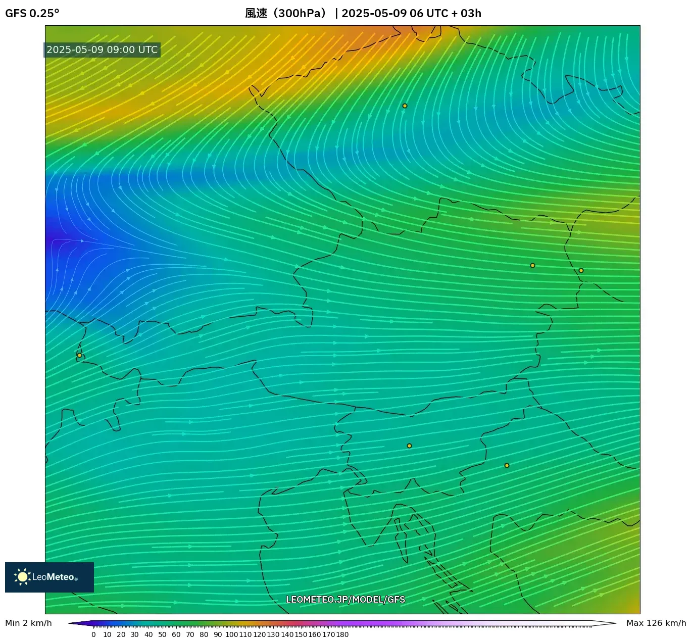 GFS - オーストリア, 風速(300hPa) GFS - オーストリア, 風速(300hPa)