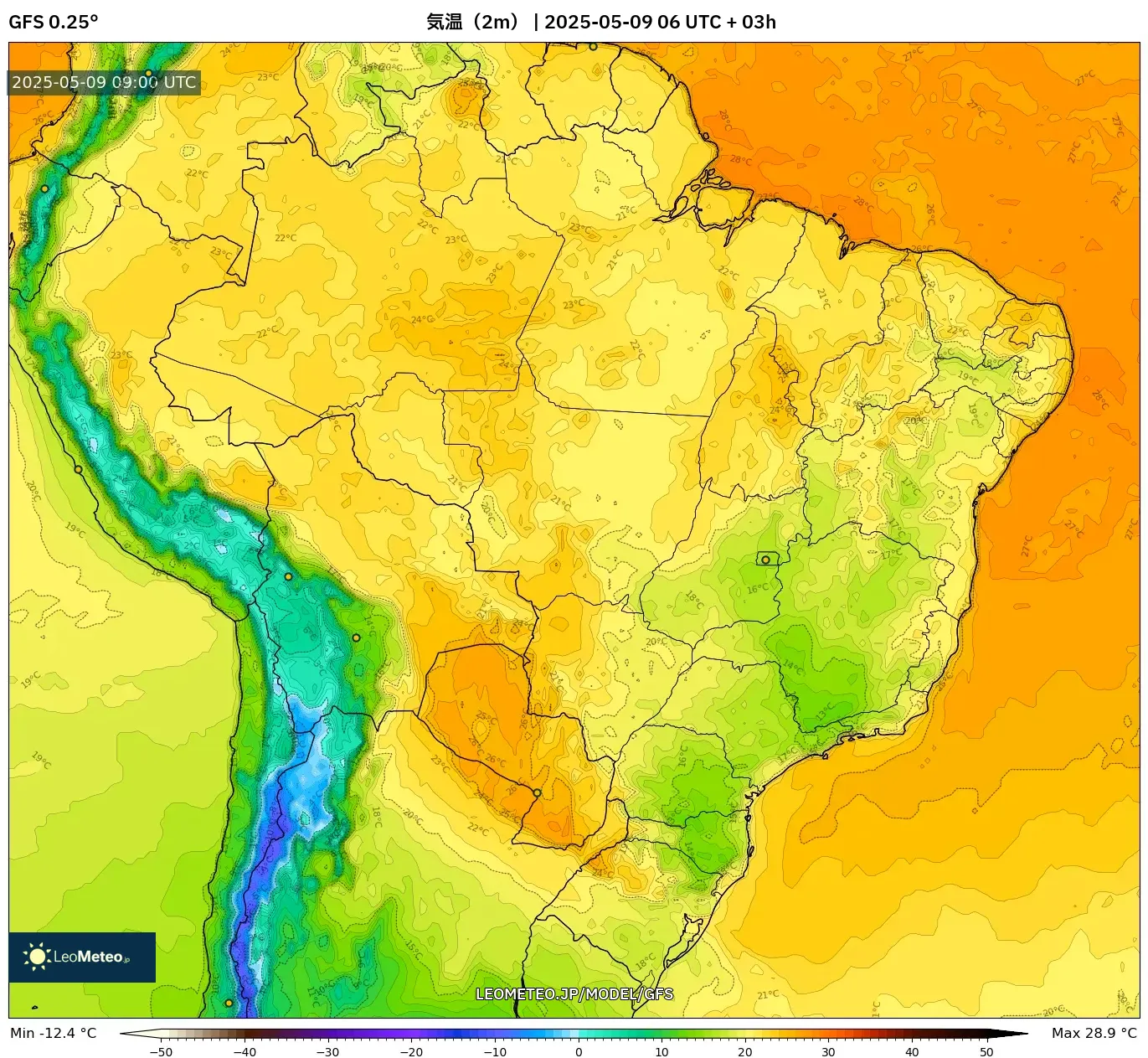 GFS - ブラジル, 気温(2m) GFS - ブラジル, 気温(2m)