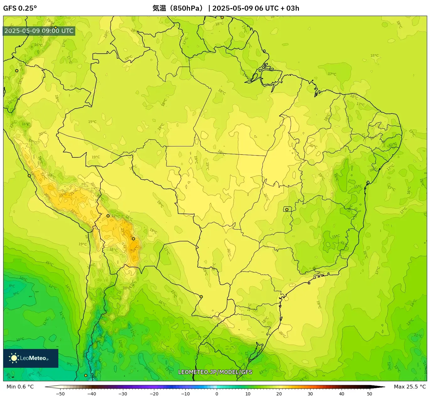 GFS - ブラジル, 気温(850hPa) GFS - ブラジル, 気温(850hPa)