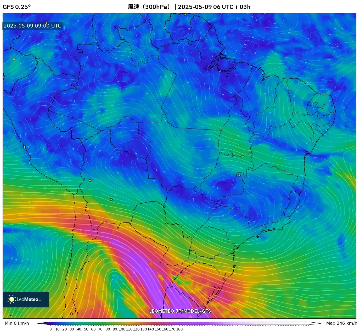 GFS - ブラジル, 風速(300hPa) GFS - ブラジル, 風速(300hPa)
