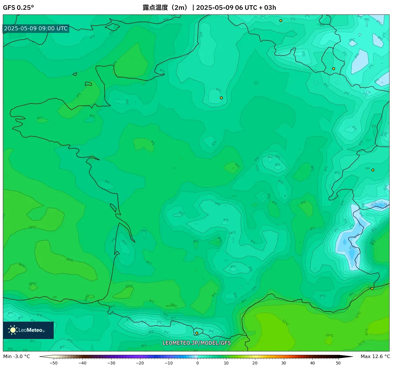 GFS - フランス, 露点温度(2m) GFS - フランス, 露点温度(2m)