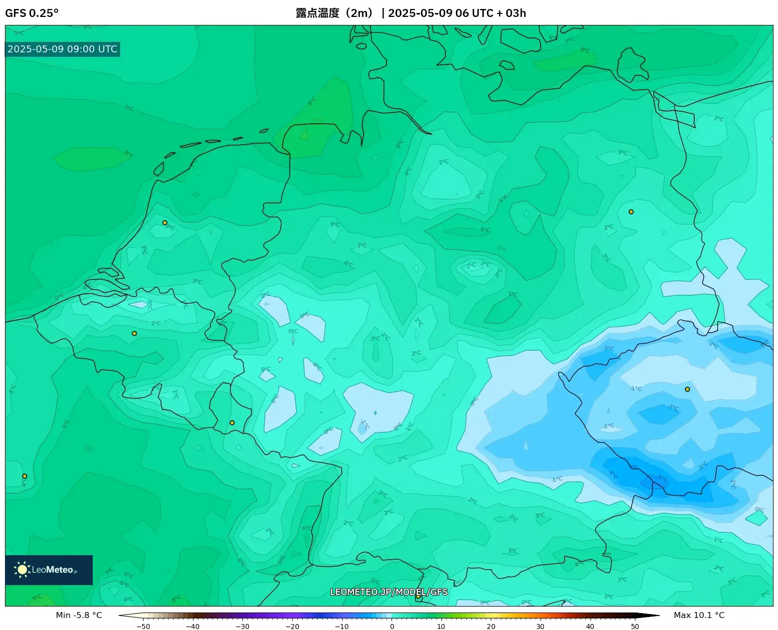 GFS - ドイツ, 露点温度(2m) GFS - ドイツ, 露点温度(2m)