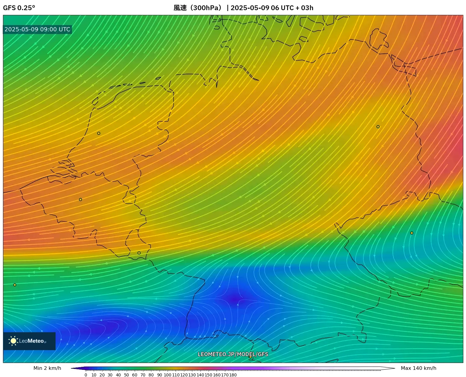 GFS - ドイツ, 風速(300hPa) GFS - ドイツ, 風速(300hPa)
