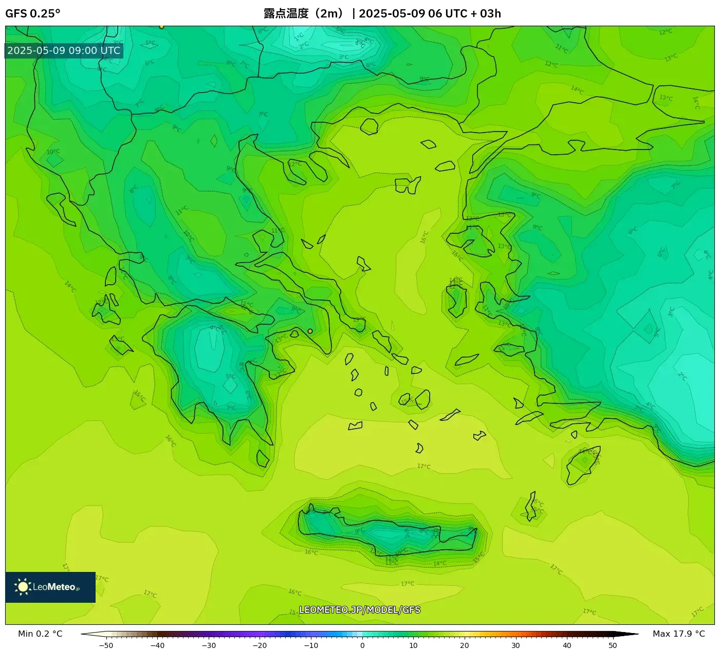GFS - ギリシャ, 露点温度(2m) GFS - ギリシャ, 露点温度(2m)