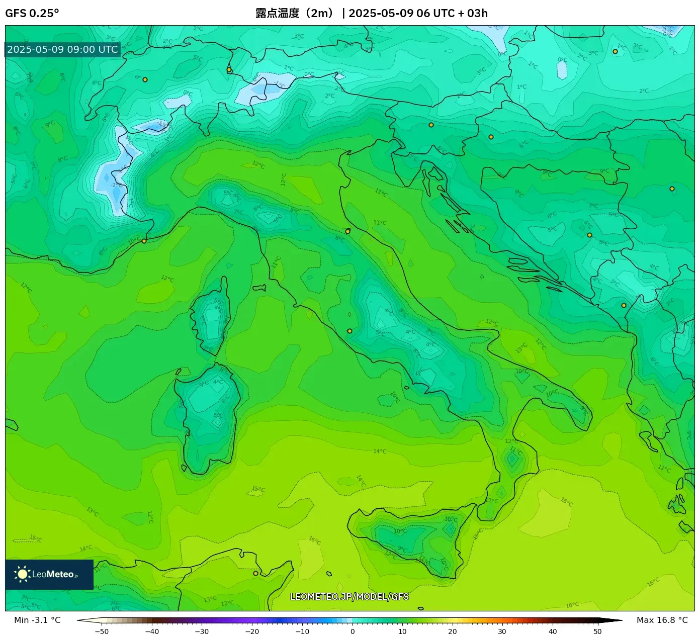 GFS - イタリア, 露点温度(2m) GFS - イタリア, 露点温度(2m)