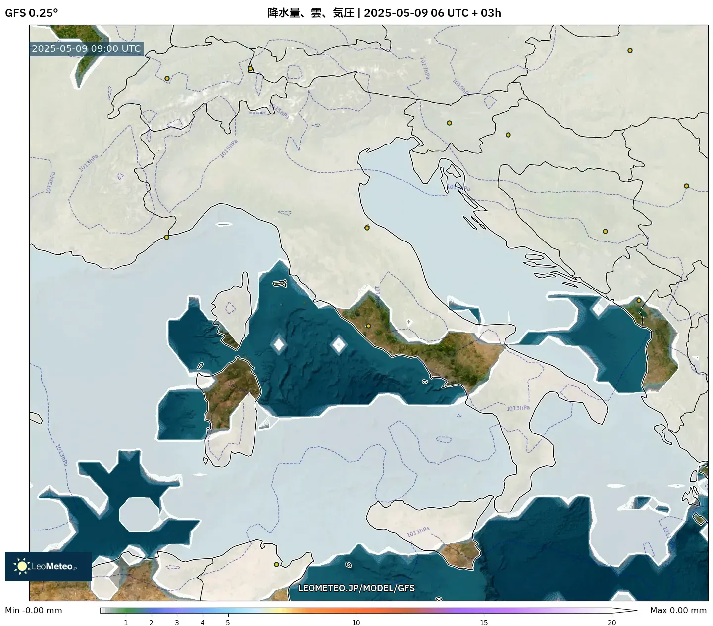GFS - イタリア, 降水量、雲、気圧 GFS - イタリア, 降水量、雲、気圧