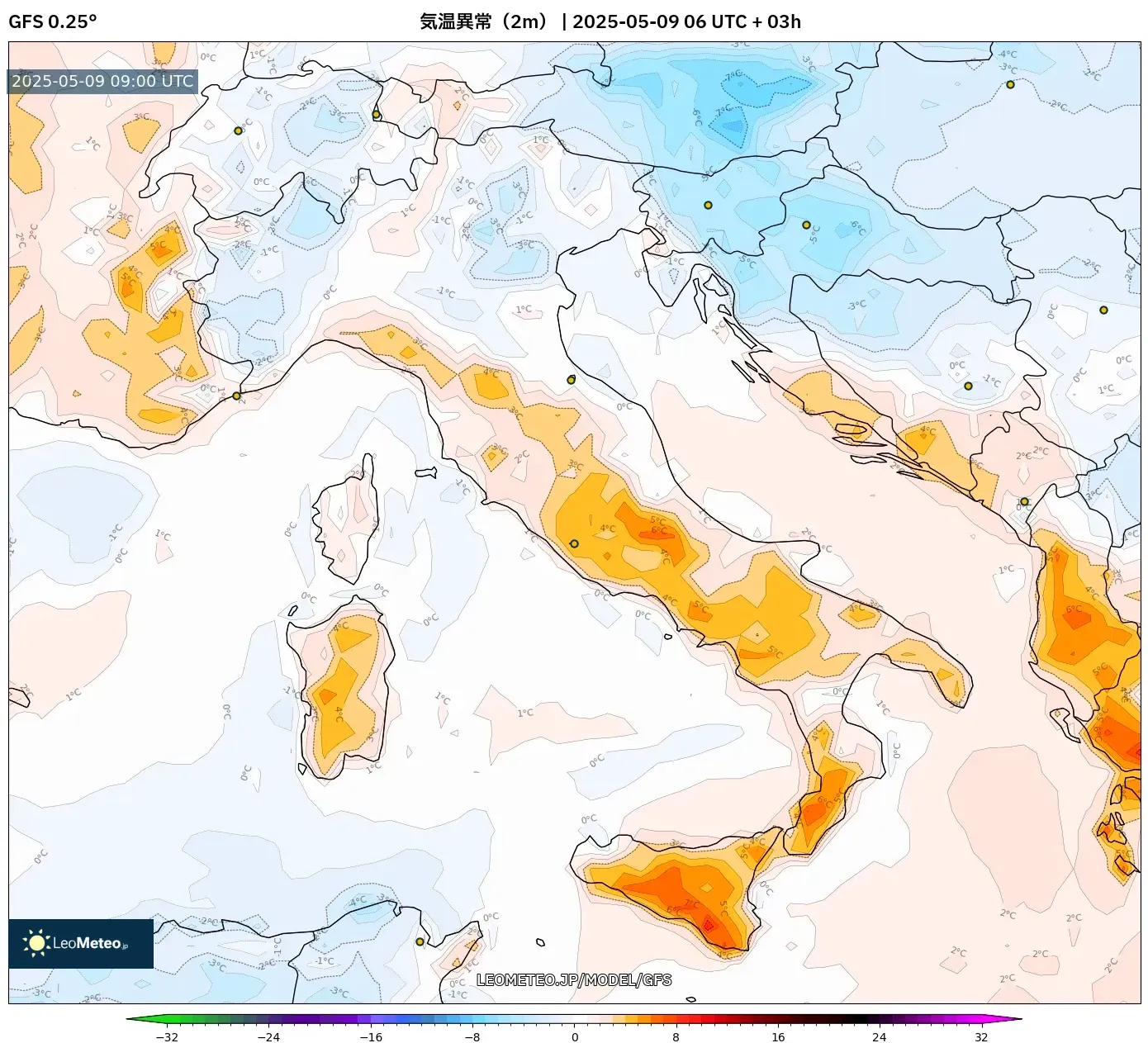 GFS - イタリア, 気温異常(2m) GFS - イタリア, 気温異常(2m)