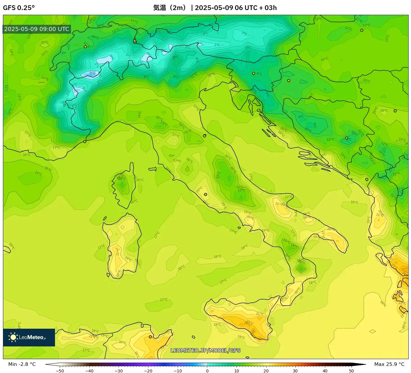 GFS - イタリア, 気温(2m) GFS - イタリア, 気温(2m)