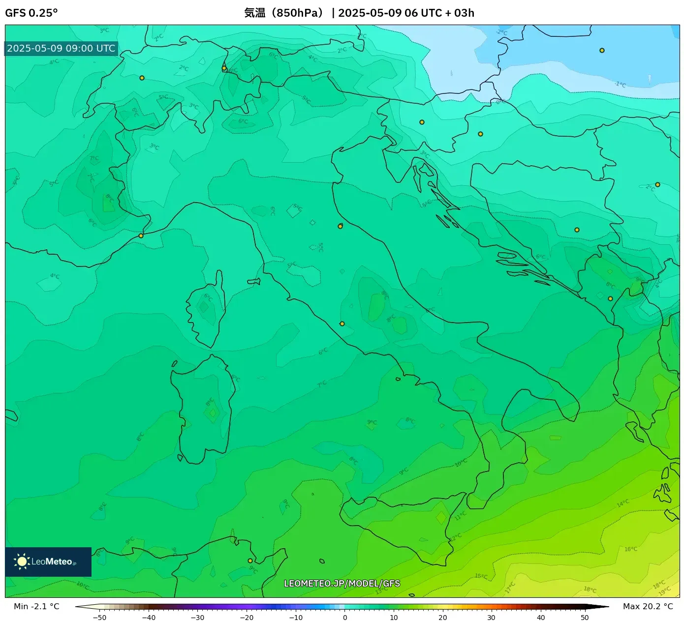 GFS - イタリア, 気温(850hPa) GFS - イタリア, 気温(850hPa)