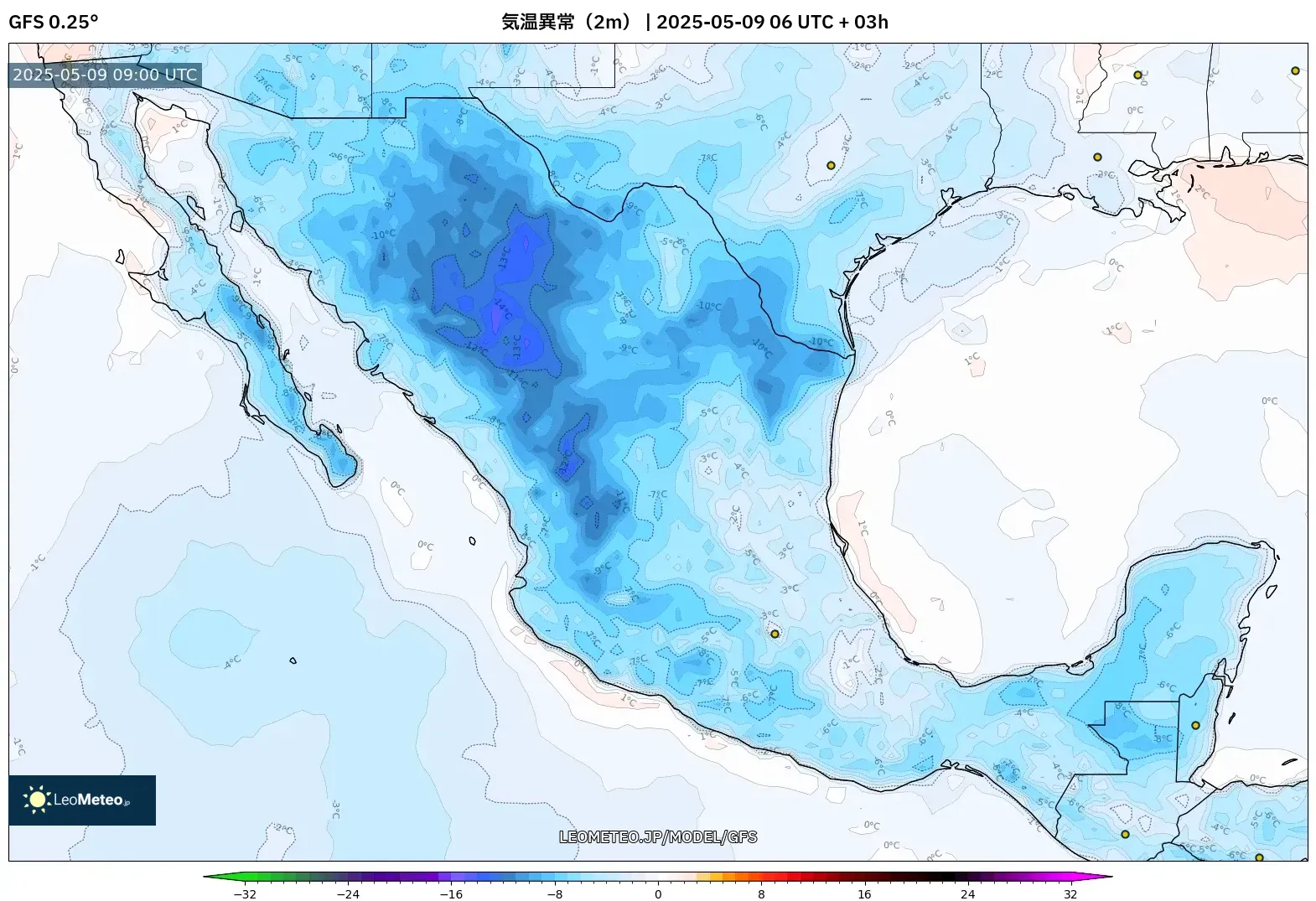 GFS - メキシコ, 気温異常(2m) GFS - メキシコ, 気温異常(2m)