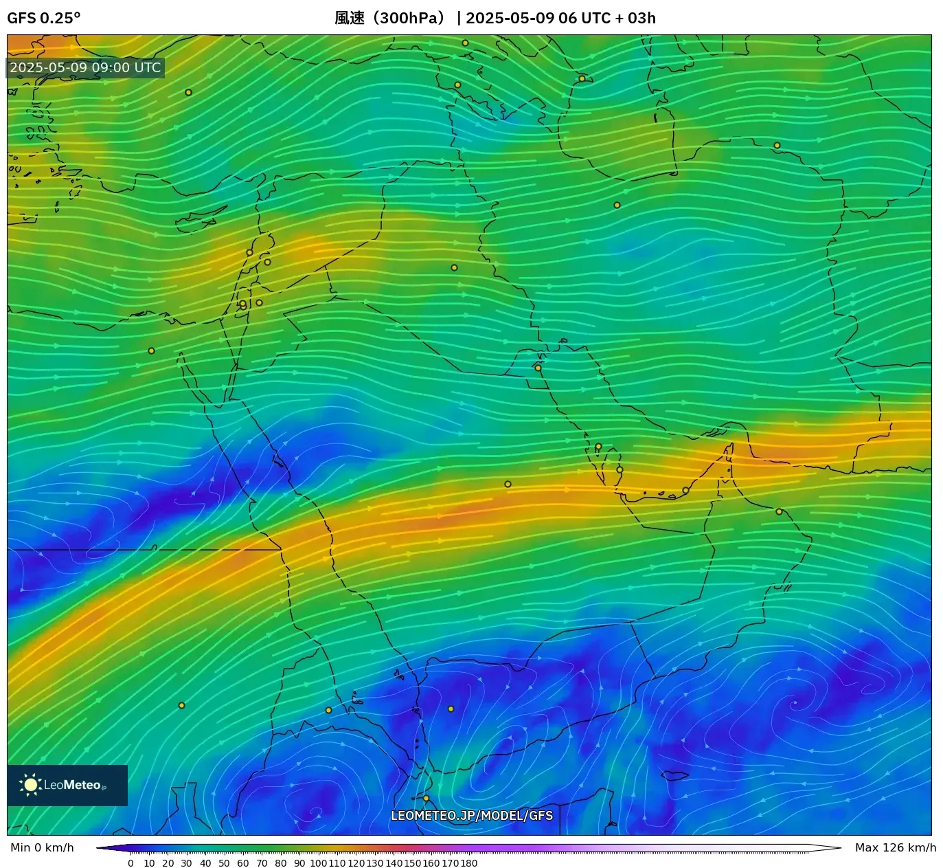 GFS - 中東, 風速(300hPa) GFS - 中東, 風速(300hPa)