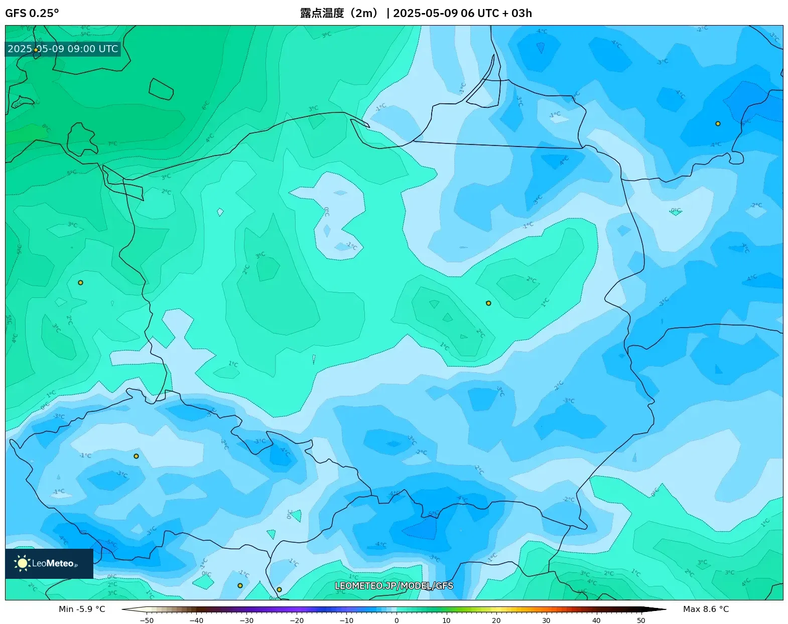 GFS - ポーランド, 露点温度(2m) GFS - ポーランド, 露点温度(2m)